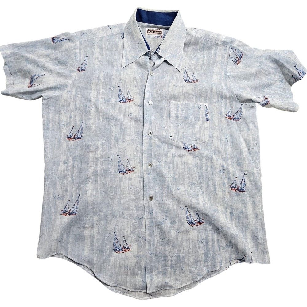 Kentfield Button Down Shirt Men XL Light Blue Sailboat Print Vintage 70s Short S